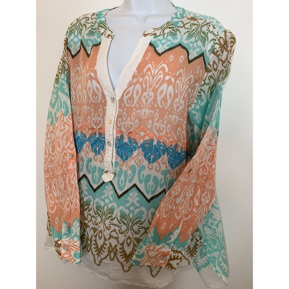 Chico's Tops - Chicos sz 2 L Beaded Boho Embroidered Light Knit Cotton Blouse top  (09)